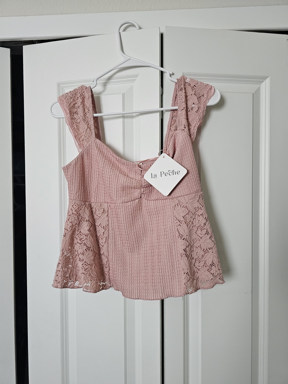 La Peche Blush Pink Lace-Trim Peplum Tank Top